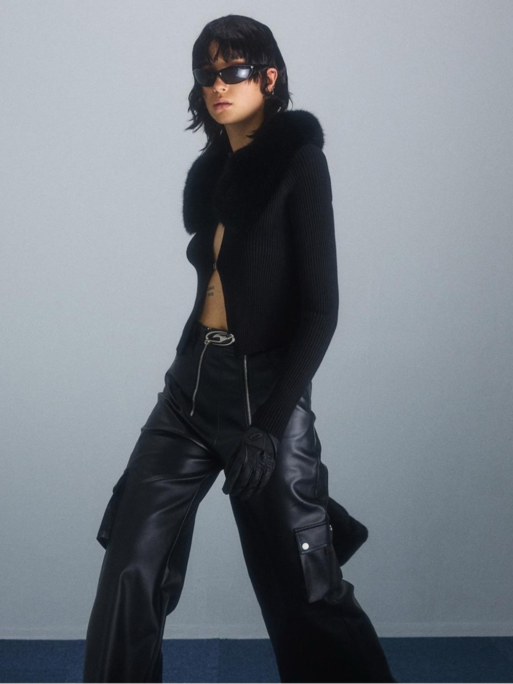 ETERNITY ITA Faux Fur Collar Cardigan in Black